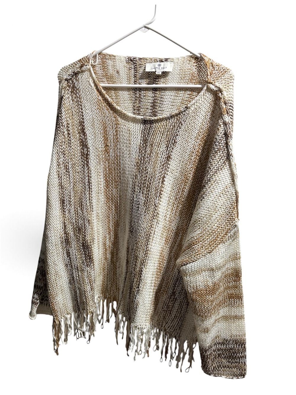 Laurie Felt Neutral Striped Open-Knit Fringe Sweater
